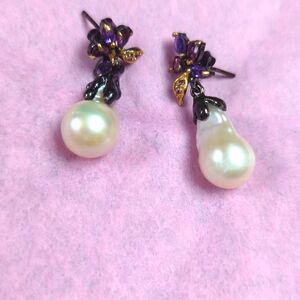Pearl Drop Earrings with Floral Gem Design